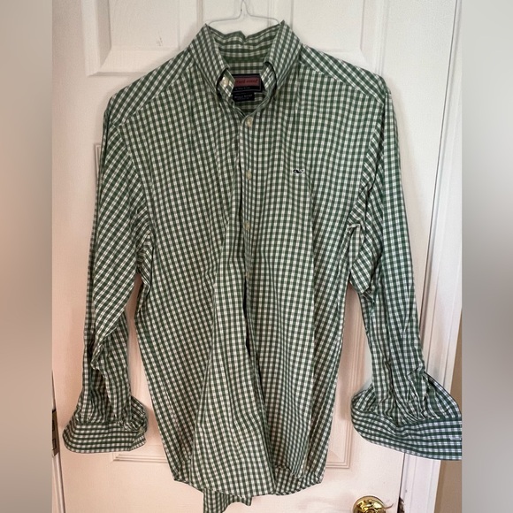 Vineyard Vines Green Gingham Check Whale Shirt, Medium, 100% Cotton - Picture 2 of 3